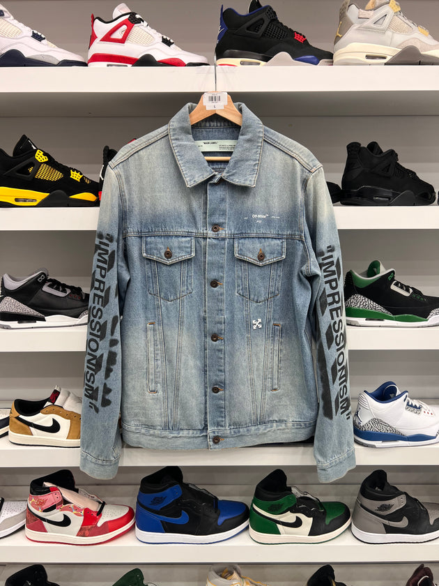 (USED) Off-White Slim Fit Spray Paint Diag Denim Jacket Bleached Blue