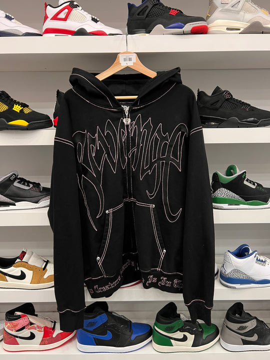 (USED) Revenge Contrast Skull Embroidered Zip Sweatshirt Black/Pink