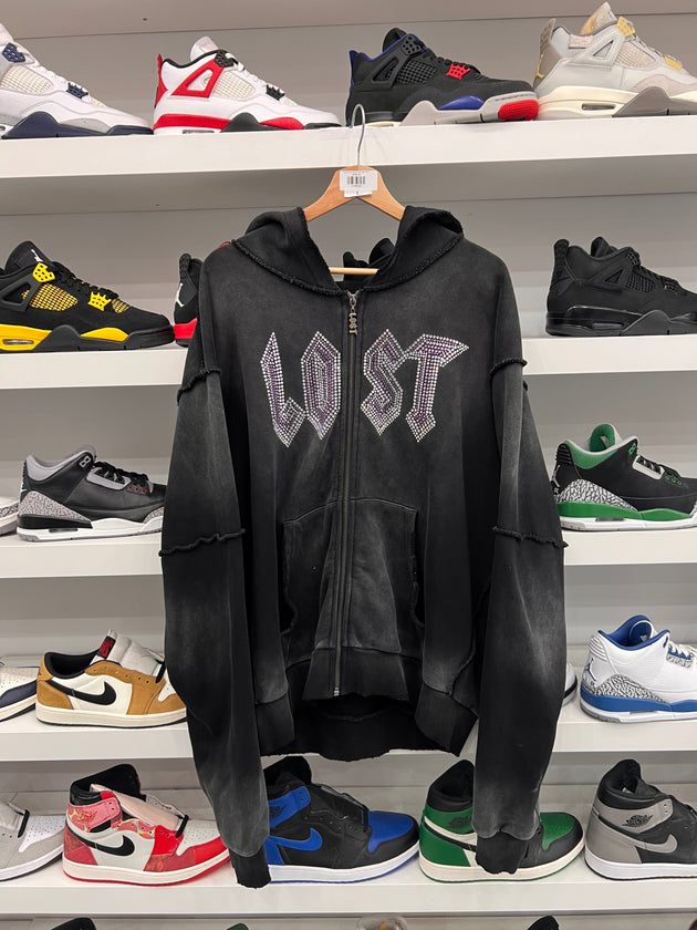 (USED) Lost Intricacy "Black Wash" Purple Rhinestone Zip-Up Hoodie