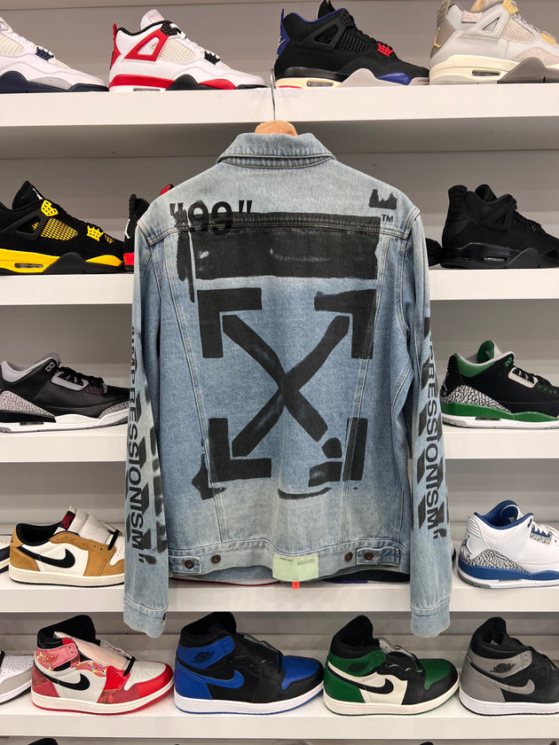 (USED) Off-White Slim Fit Spray Paint Diag Denim Jacket Bleached Blue