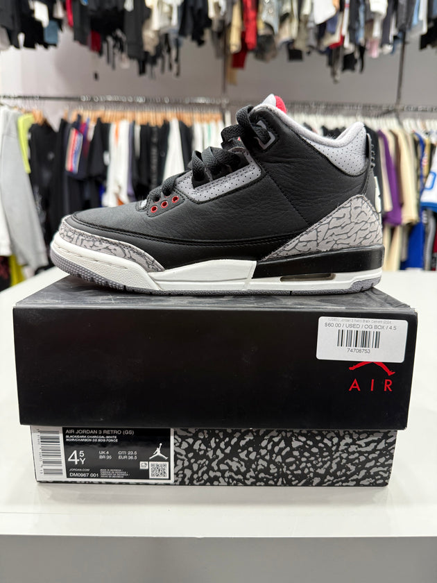 (USED)  Jordan 3 Retro Black Cement (2024) (GS)- Sz 4.5