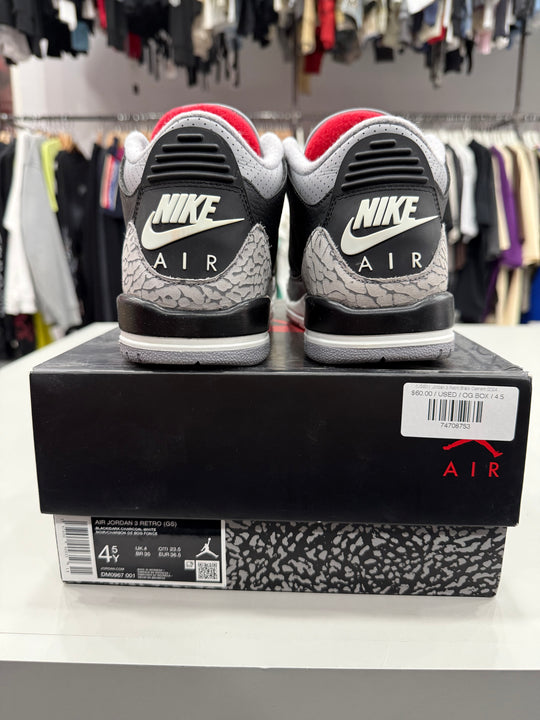 (USED)  Jordan 3 Retro Black Cement (2024) (GS)- Sz 4.5